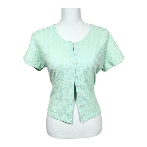 L.L. Bean Mint Green Crew Neck Textured Short Sleeve Button Down Tee Size Medium - Picture 1 of 6